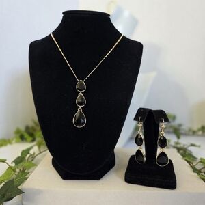 Gold Filled Black Glass Teardrop Necklace and Earrings Set